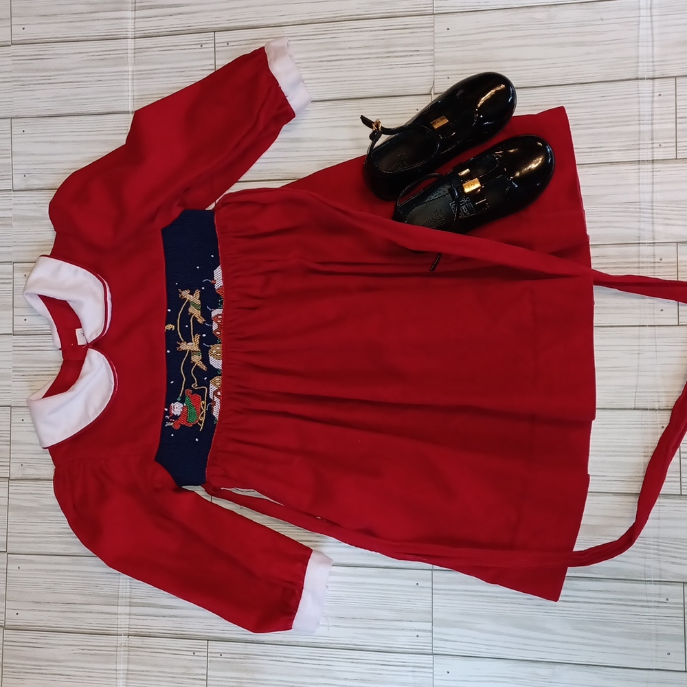 Vintage House of Hatten Inc./Red corduroy Christmas dress/Santa,Sleigh, and deer